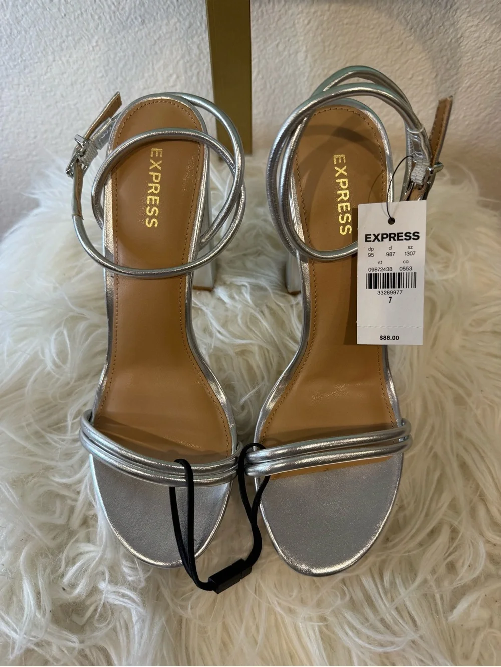 Express Silver Metallic Double-Ankle Block Heel Sandals Size 7